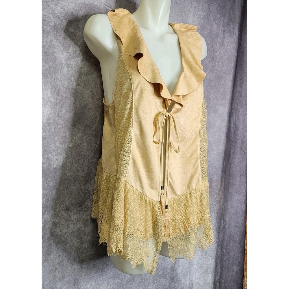 Miss Me Lace Trim Vest Women Medium Mustard Yellow Boho Ruffle Tie Front Western - Picture 4 of 9
